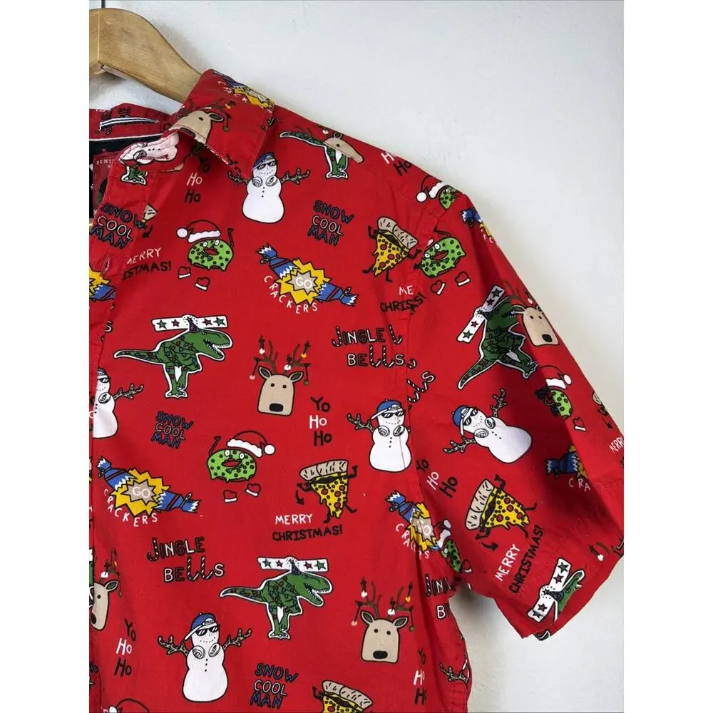 Denim & Flower boys Christmas Shirt large Red Holiday Print Button Up Cotton